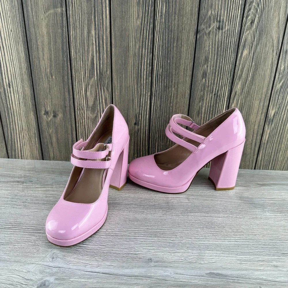 Steve Madden Womens 7.5 Pink Patent Mary Jane Platform Block Heel Pumps